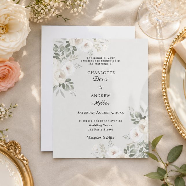 Convite de casamento marfim branco rosas verde sál (Criador carregado)