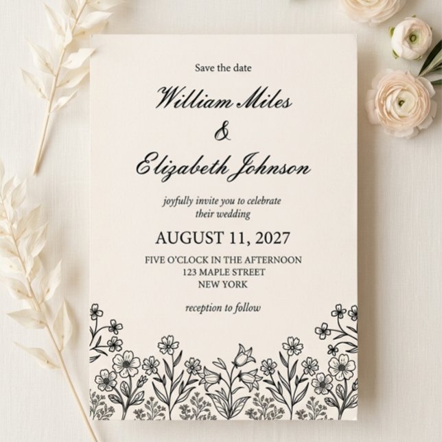 Convite de Casamento Marfim Floral Minimalista (Criador carregado)