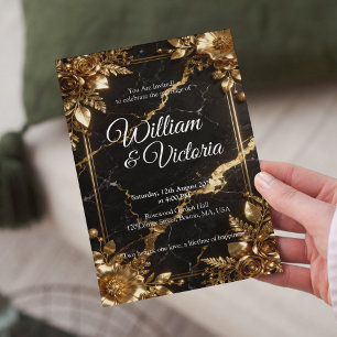 Convite de Casamento Mármore Dourado Preto