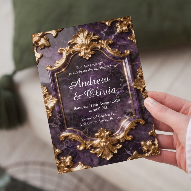 Convite de Casamento Mármore Dourado Roxo (Criador carregado)