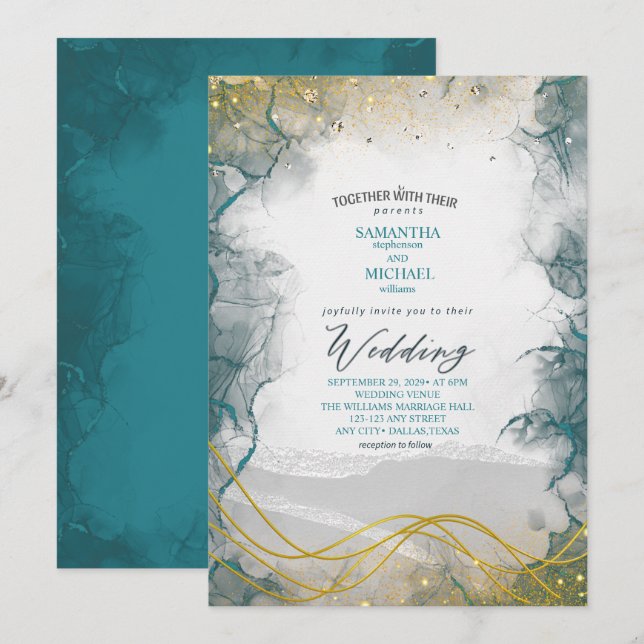 Convite de Casamento Mármore Dourado Turquesa (Frente/Verso)