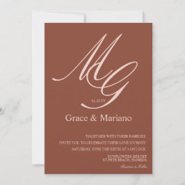 Convite de Casamento Marrom Rosa Monogramado Sutil