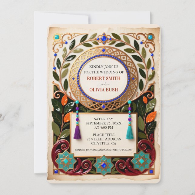 Convite de Casamento Marroquino em Tom de Joia Dou (Frente)