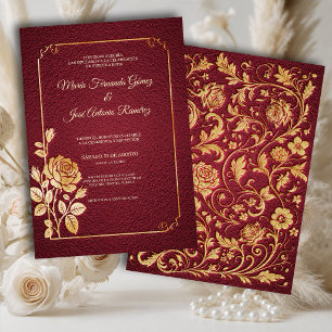 Convite de Casamento Marsala Dourada Rosas