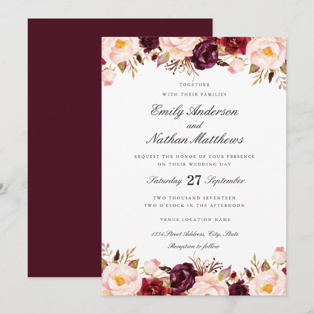 Convite de Casamento Marsala Floral Vermelho Borgo (Frente/Verso)