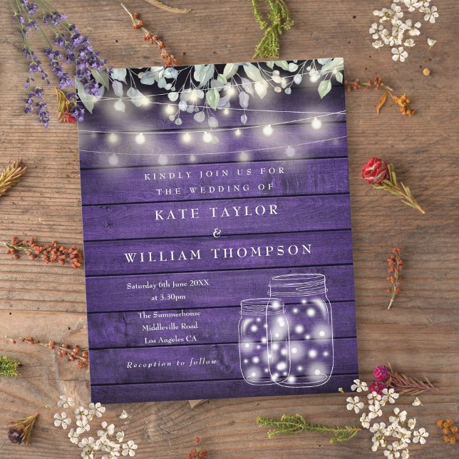 Convite de casamento Mason Jar Luzes de Madeira Ro (Budget Purple Wood Lights Mason Jar Wedding Invite)
