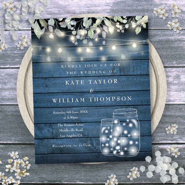 Convite de casamento Mason Jar Luzes Russas Azuis (Budget Blue Rustic Lights Mason Jar Wedding Invite)