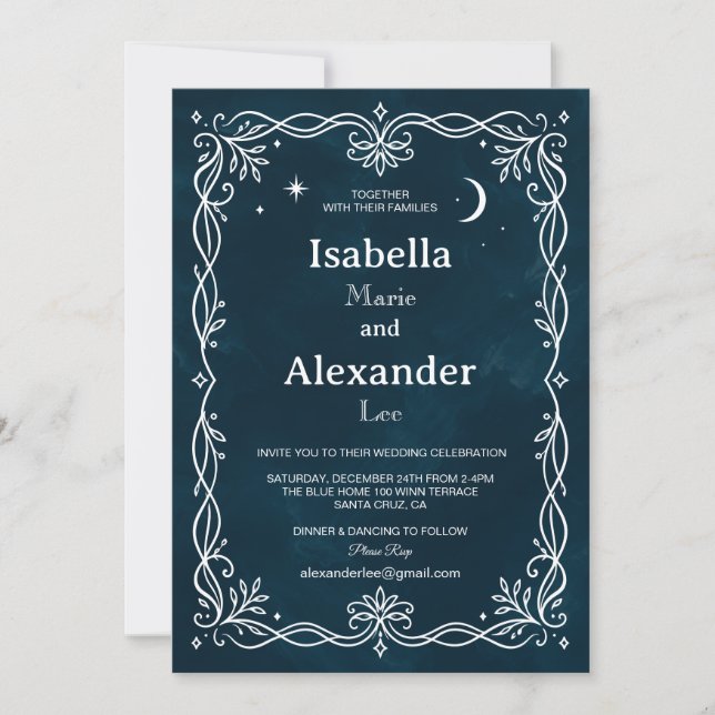 Convite de Casamento Medieval Indigo Silver Ivy (Frente)