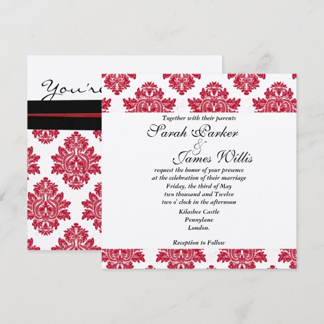Convite de casamento metálico vermelho e preto de  (Frente/Verso)