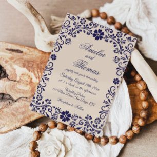 Convite de Casamento Mexicano Beige Azul Papel Pic
