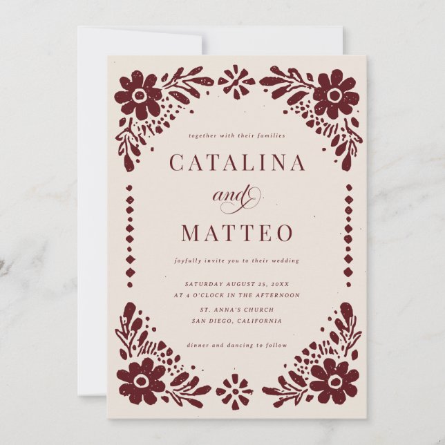 Convite de Casamento Mexicano Ivory & Burgundy Pap (Frente)