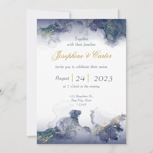 Convite de Casamento Midnight Ink & Gold (Frente)