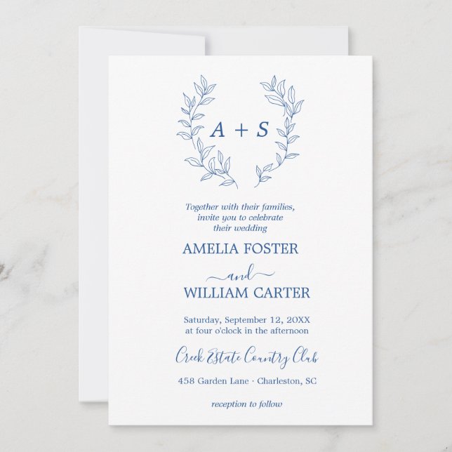 Convite de Casamento Minimal Leaf | Monograma Form (Frente)
