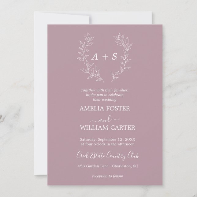 Convite de Casamento Minimal Leaf | Monograma Form (Frente)
