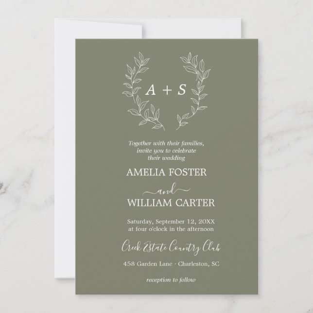 Convite de Casamento Minimal Leaf | Monograma Form (Frente)