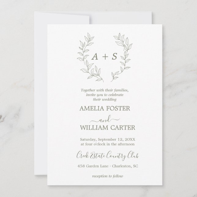 Convite de Casamento Minimal Leaf | Monograma Form (Frente)