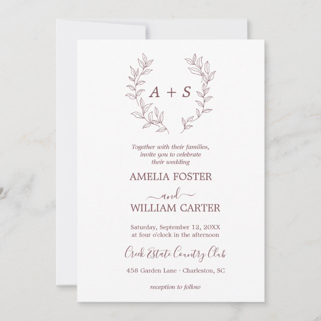 Convite de Casamento Minimal Leaf | Monograma Form (Frente)