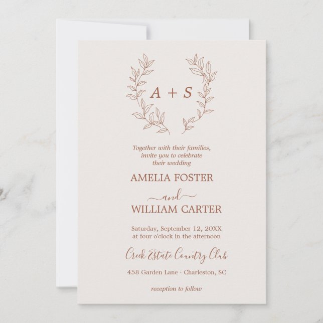 Convite de Casamento Minimal Leaf | Monograma Form (Frente)