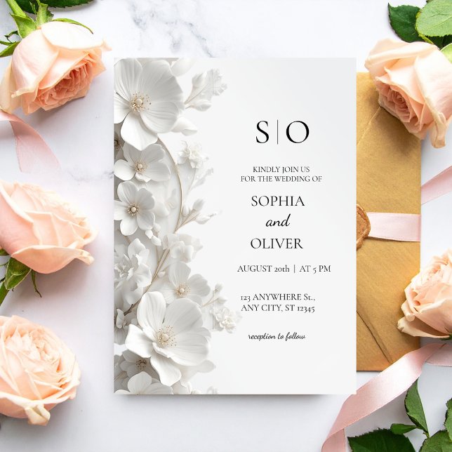 Convite de Casamento Minimalista 3D Floral Branco  (Criador carregado)