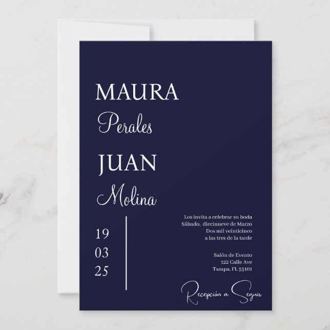 Convite de casamento minimalista azul escuro espan (Frente)