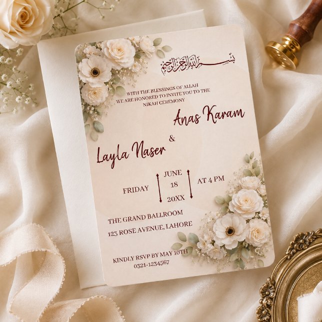 Convite de Casamento Minimalista Bege Floral Muçul (Criador carregado)