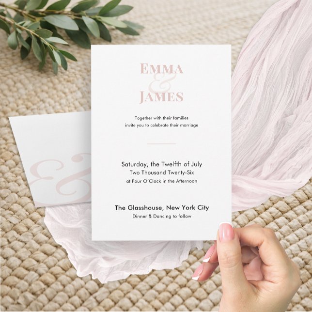 Convite de Casamento Minimalista Blush | Código QR (Minimalist blush wedding invitation with modern layout, soft accents, and refined design.)