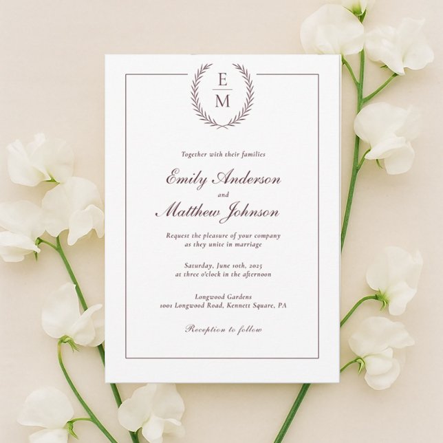 Convite de Casamento Minimalista Burgundy Laurel (Criador carregado)