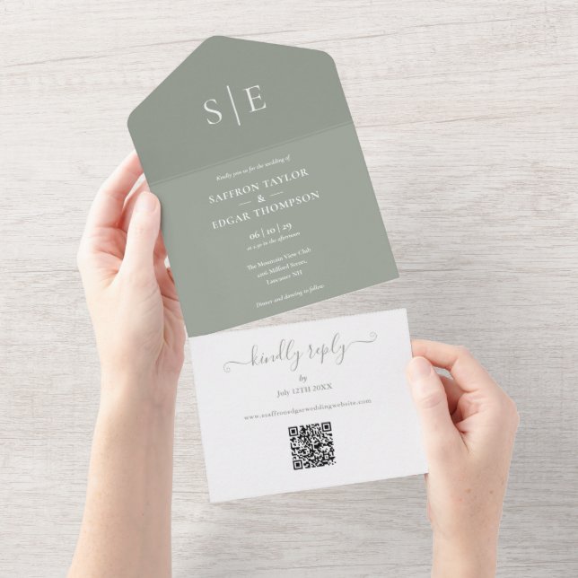 Convite de Casamento Minimalista Código QR Monogra (Aba destacável)