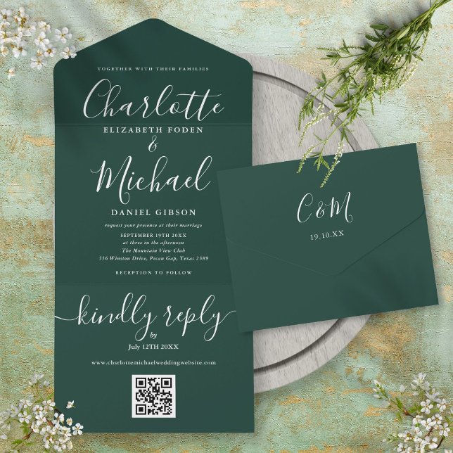 Convite de Casamento Minimalista com Código QR Ver (Emerald Green QR Code Script Minimalist Wedding All In One Invitation)