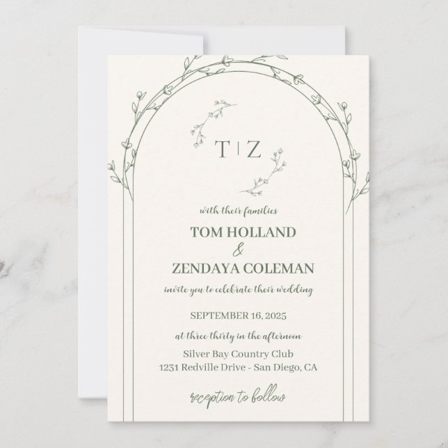Convite de Casamento Minimalista Creme e Verde (Frente)