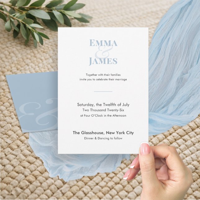 Convite de Casamento Minimalista em Azul Empoeirad (Dusty blue wedding invitation with clean modern typography and soft minimalist style.)