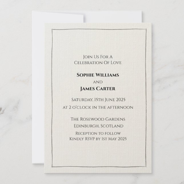 Convite de Casamento Minimalista em Linho Neutro (Frente)