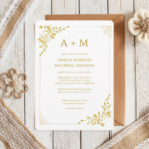 Convite de Casamento Minimalista Floral de ouro