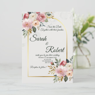 Convite de Casamento Minimalista Floral Rosa Elega