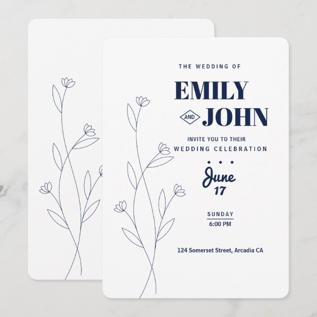 Convite de Casamento Minimalista Floral Simples Mo (Frente/Verso)