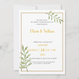 Convite de Casamento Minimalista Folhas Verdes de 
