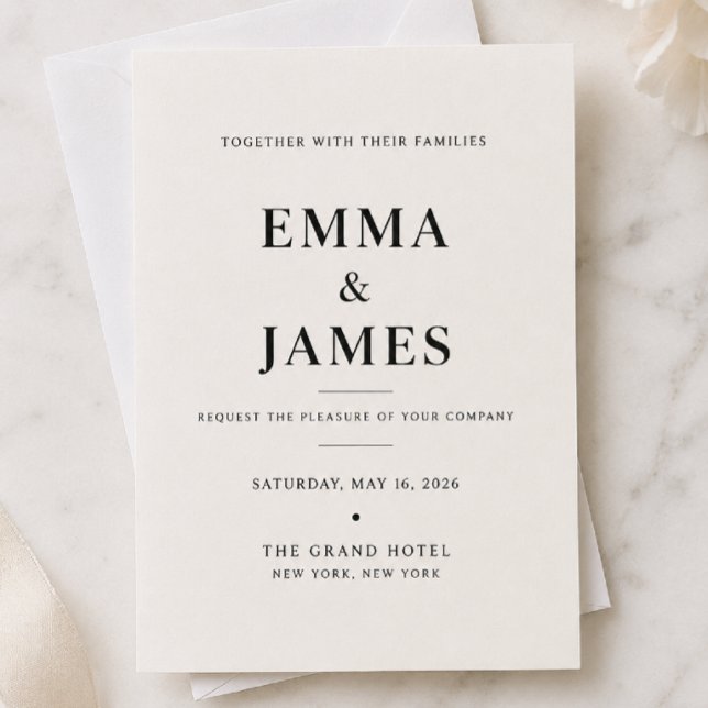 Convite de Casamento Minimalista Marfim Elegante (Elegant ivory minimalist wedding invitation with a luxury envelope and soft marble background)