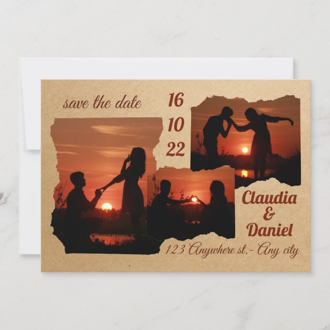 Convite de casamento minimalista moderno com 3 fot (Frente)