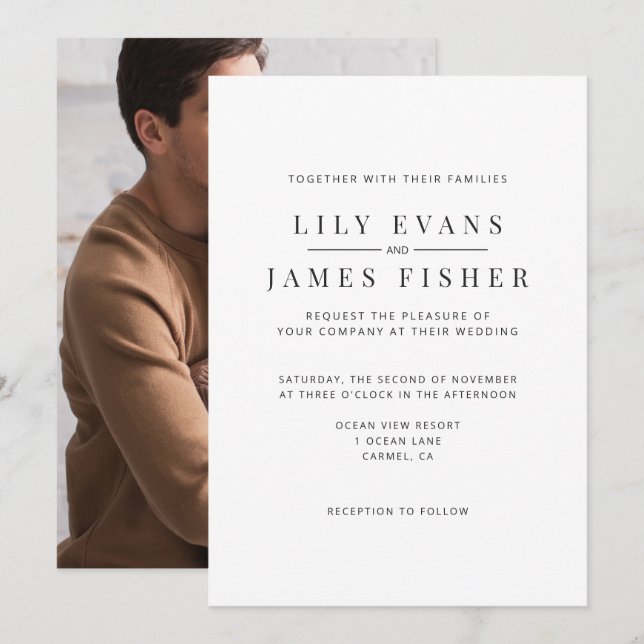 Convite de Casamento Minimalista Moderno com Foto  (Frente/Verso)