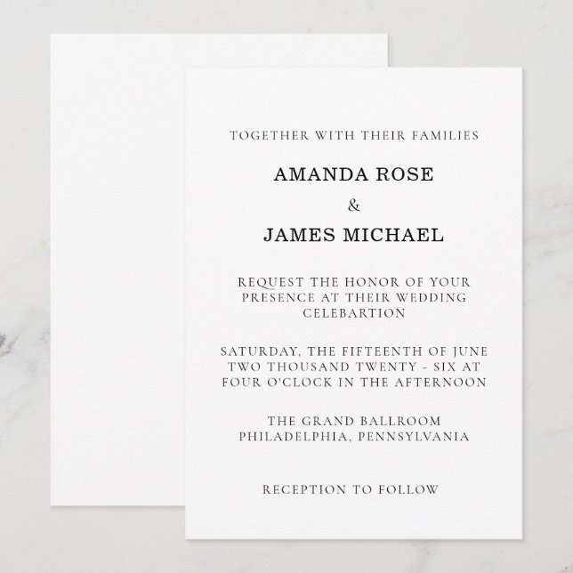 Convite de Casamento Minimalista Moderno | Preto E (Frente/Verso)