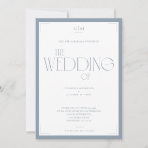 Convite de Casamento Minimalista Monograma Azul Po