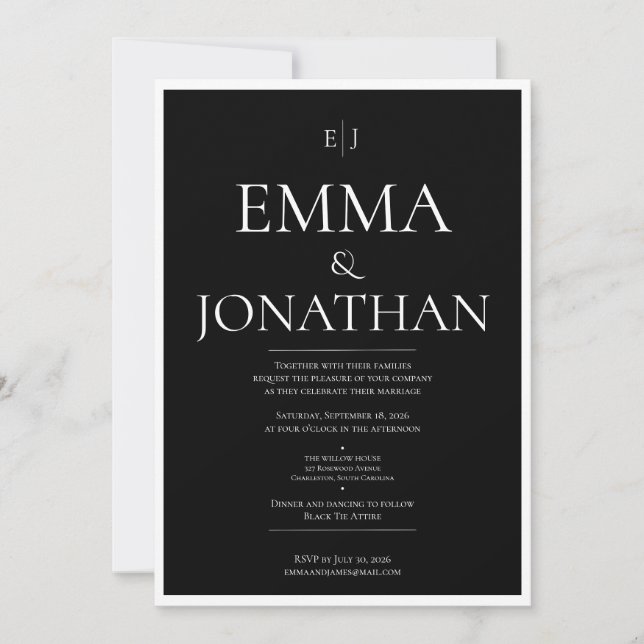 Convite de Casamento Minimalista Preto e Branco (Frente)
