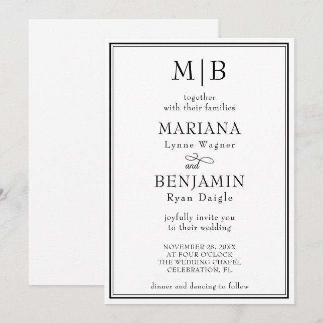 Convite de Casamento Minimalista Preto e Branco Mo (Frente/Verso)