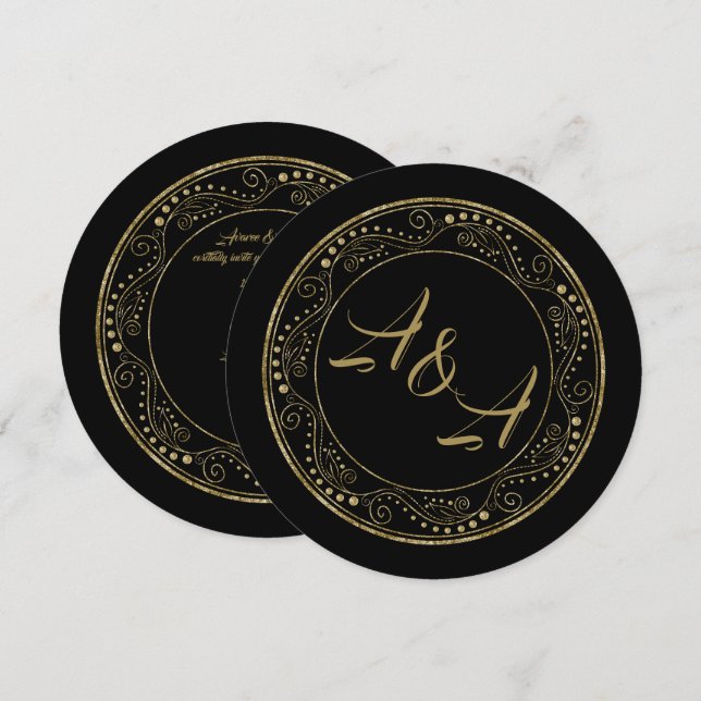 Convite de Casamento Minimalista Preto e Dourado (Frente/Verso)