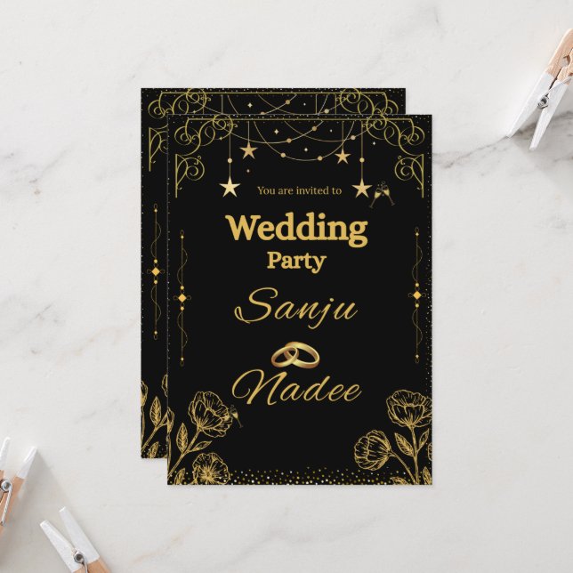 Convite de Casamento Minimalista Preto e Dourado E (Frente/Verso In Situ)