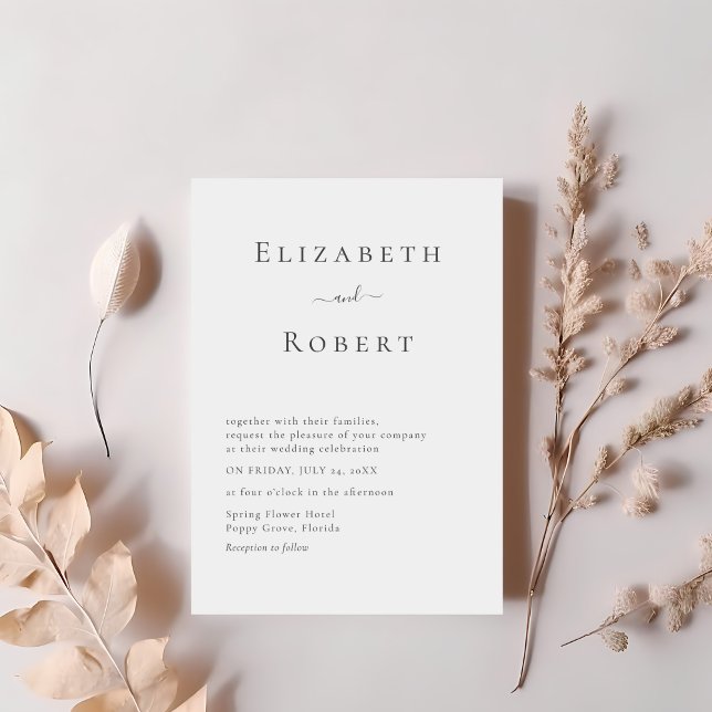 Convite de Casamento Minimalista Simples Preto e B (Black & White Simple Minimalist Wedding Invitation on a table with pale pink dry flowers.)