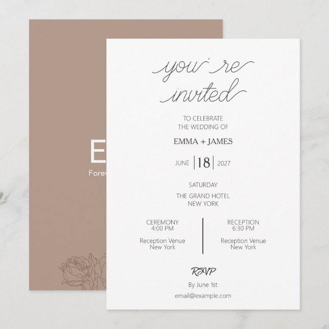 Convite de Casamento Minimalista Taupe Mocha (Frente/Verso)