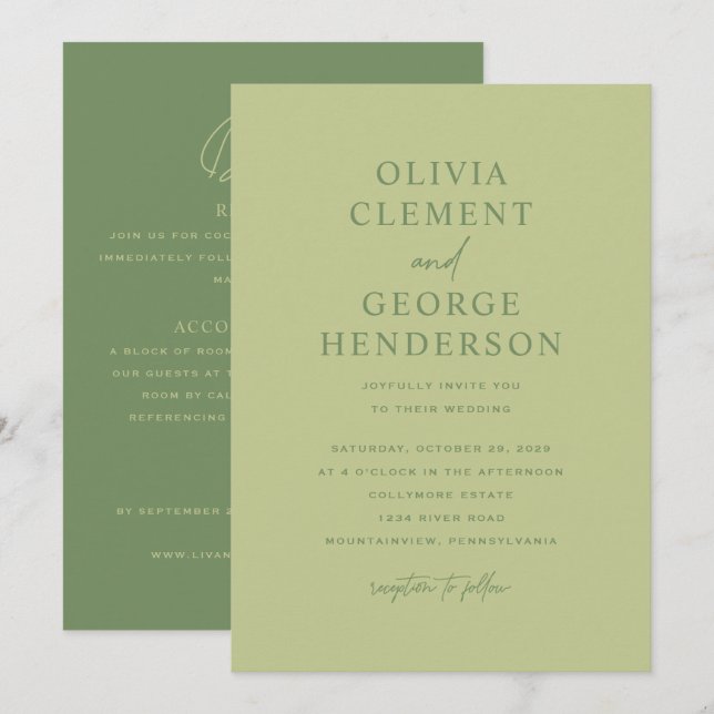 Convite de Casamento Minimalista Verde Dupla Face (Frente/Verso)