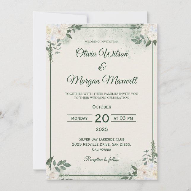 Convite de Casamento Minimalista Verde Elegante (Frente)