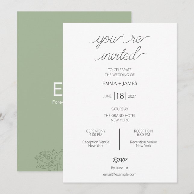 Convite de Casamento Minimalista Verde Salvia (Frente/Verso)